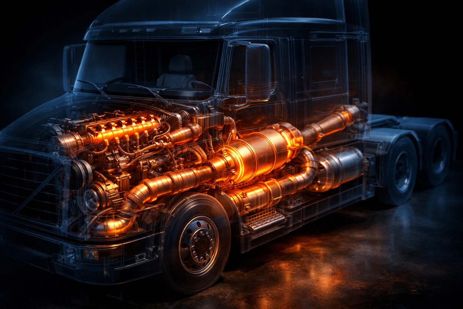 Detailed view of commercial truck engine systems including DPF and SCR aftertreatment components.