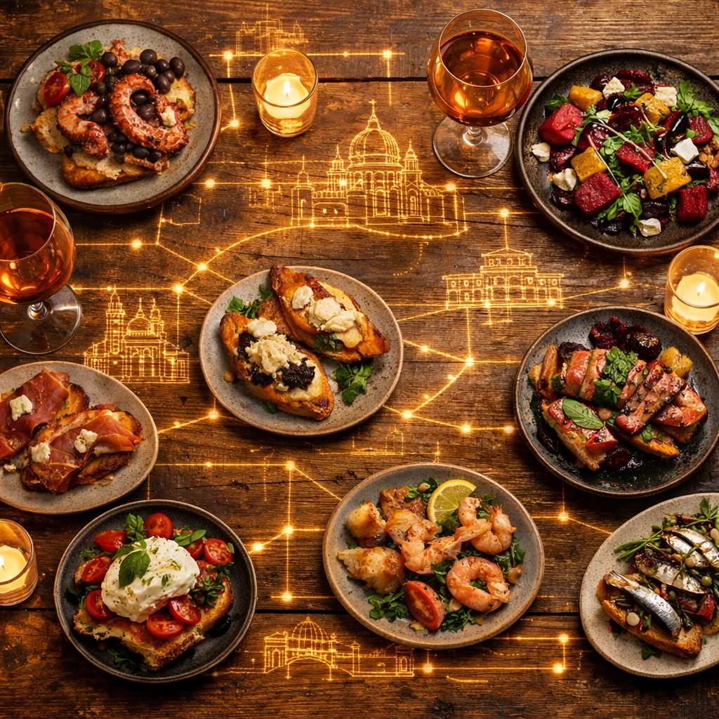 Venetian small plates and wine on a table with a subtle blueprint overlay representing restaurant group structure.