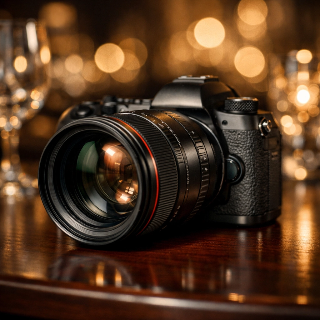 Professional camera and lens at a corporate event in Miami with bokeh gala lights.