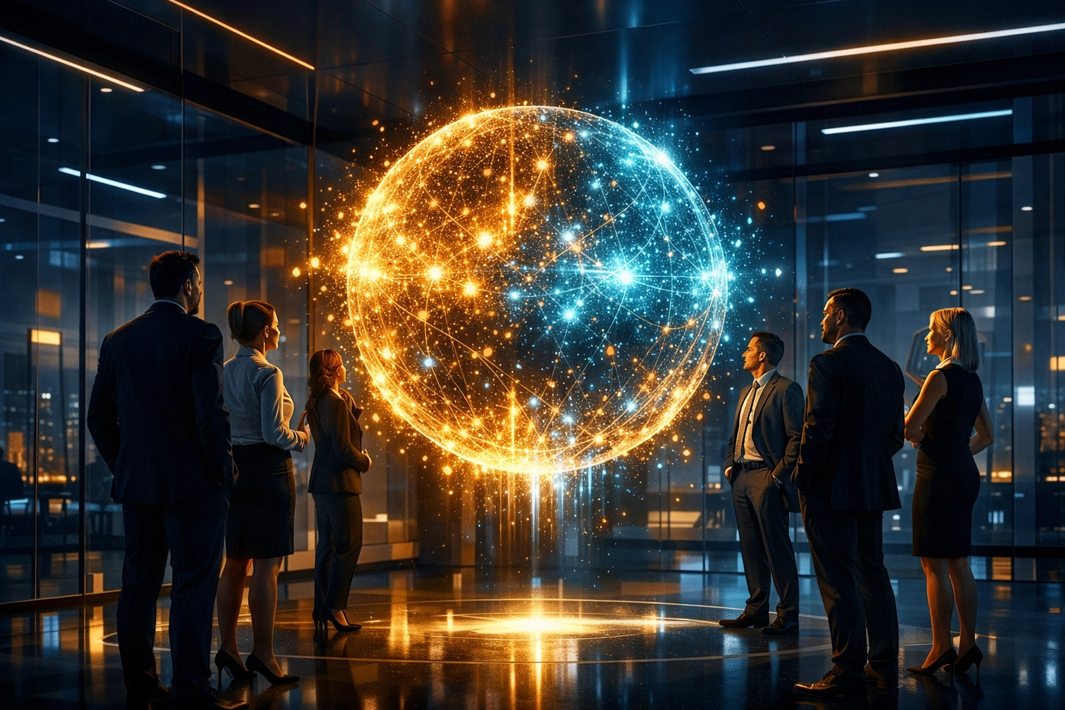 Mitarbeiter betrachten innovative Möglichkeiten der KI-Einführung im Unternehmen.