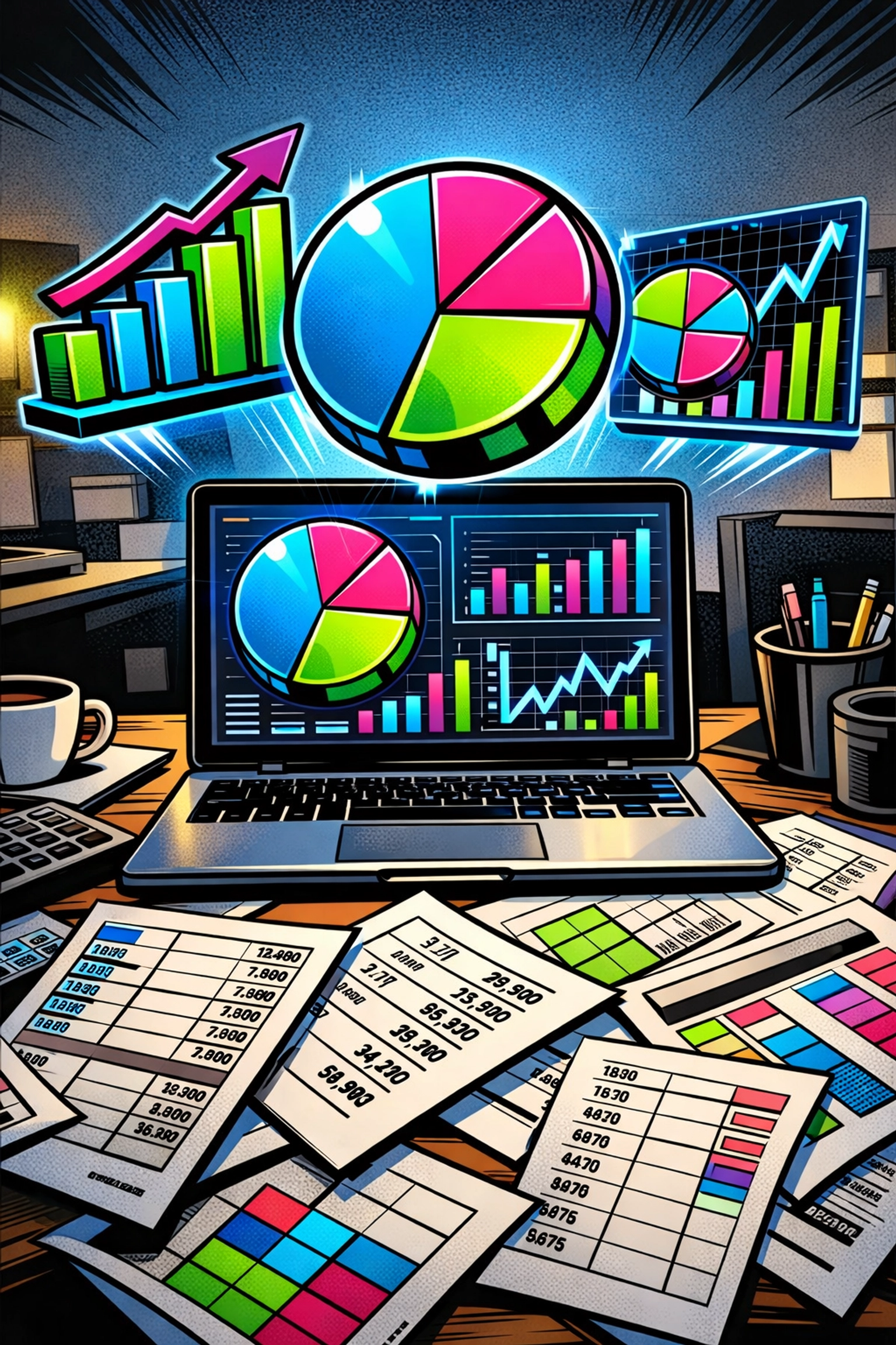 AI assistant analyzing business data with charts and visualizations on laptop screen