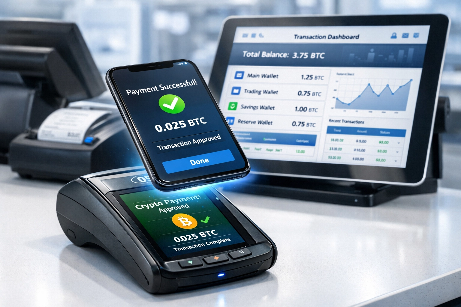 Contactless crypto payment terminal with smartphone and real-time transaction monitoring dashboard