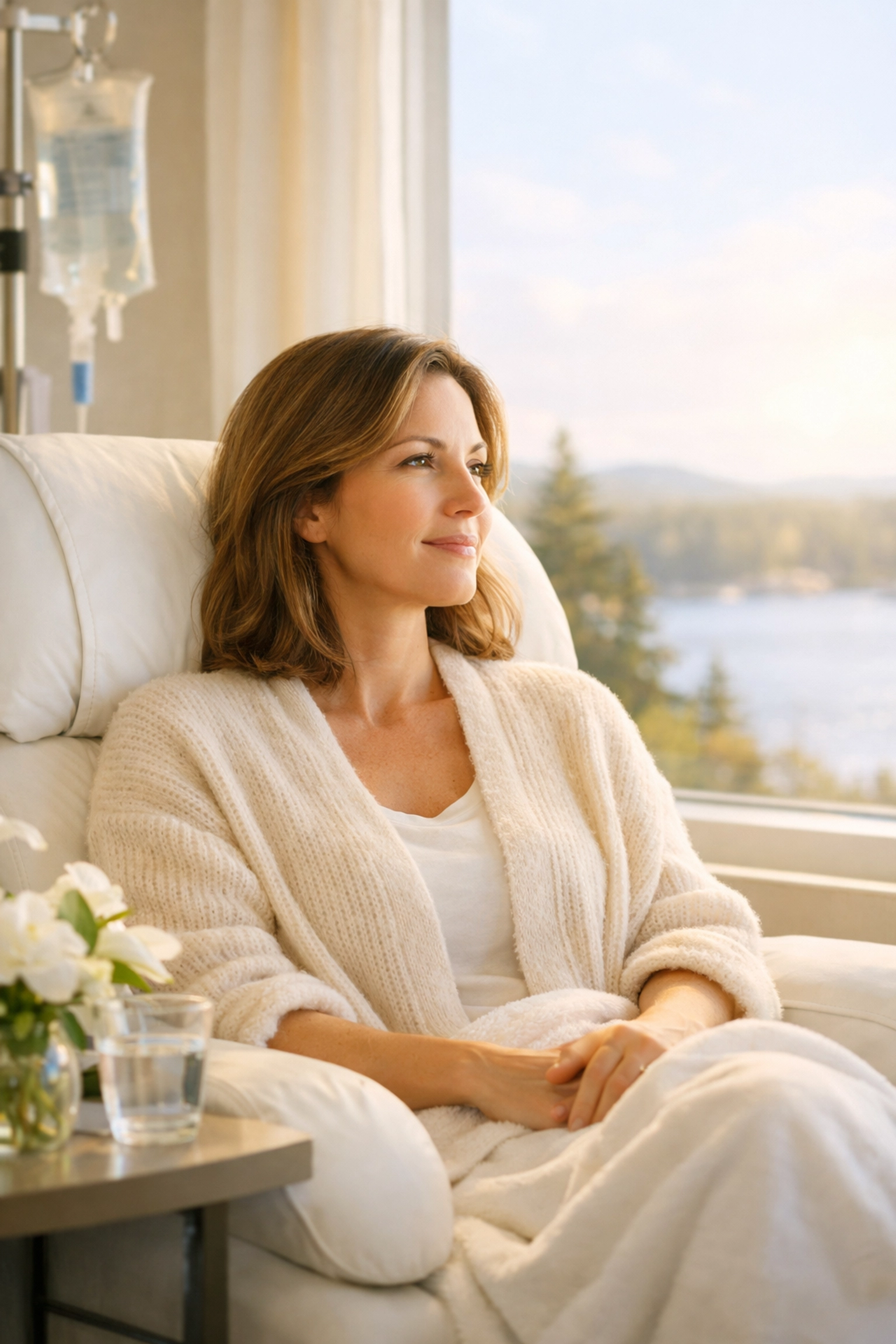 Surrogate sitting in a clinic waiting area with a Maine coastal view vibe, representing fertility clinic screening.