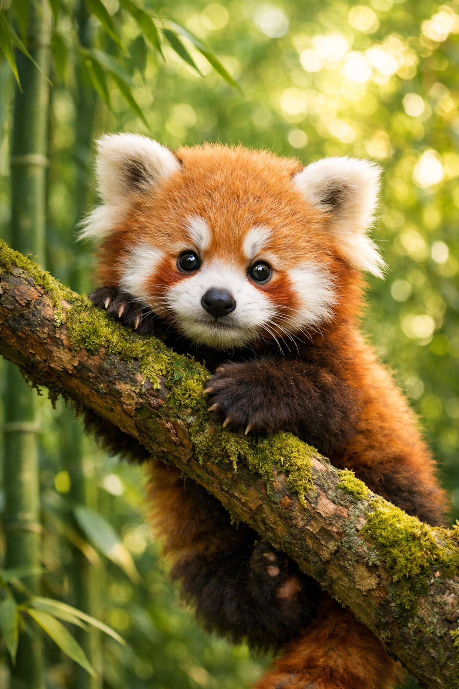Red panda cub on tree branch example of engaging baby animal stock photography