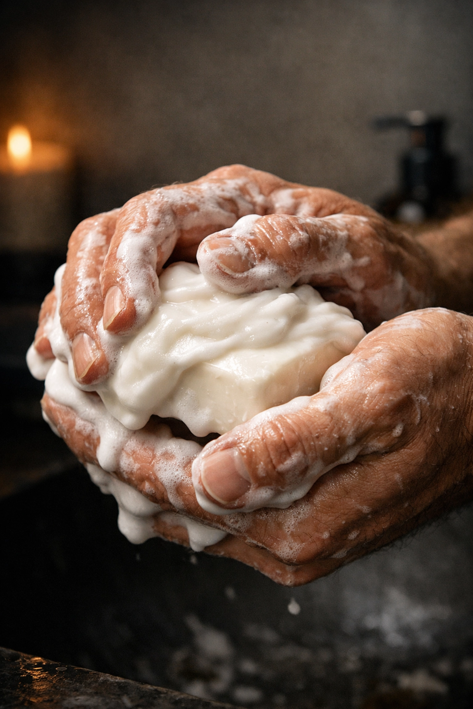 Rich creamy lather from a beard wash bar being worked into hands for deep cleansing.