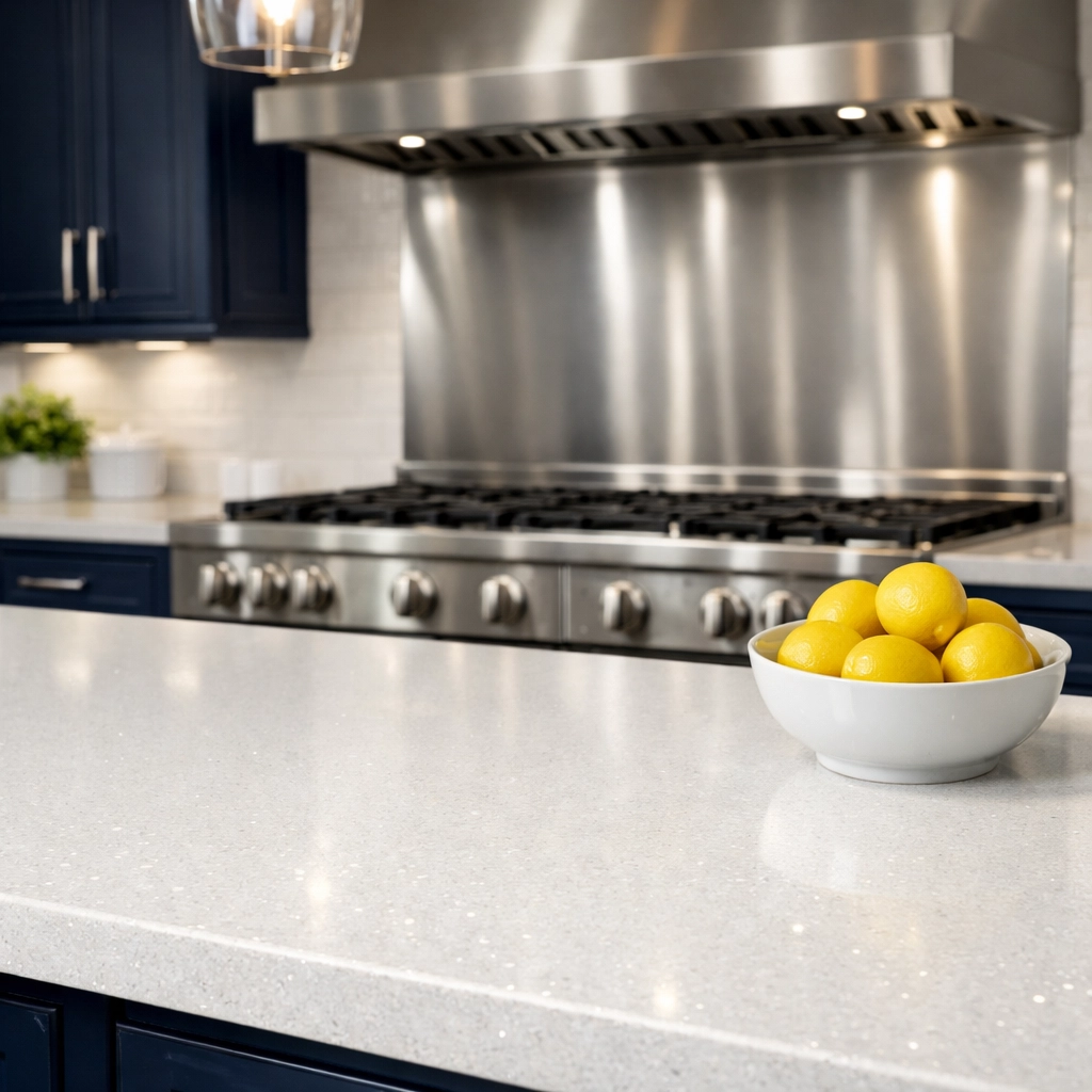 Detailed deep cleaning Lowell results in a luxury kitchen with sparkling white quartz countertops.