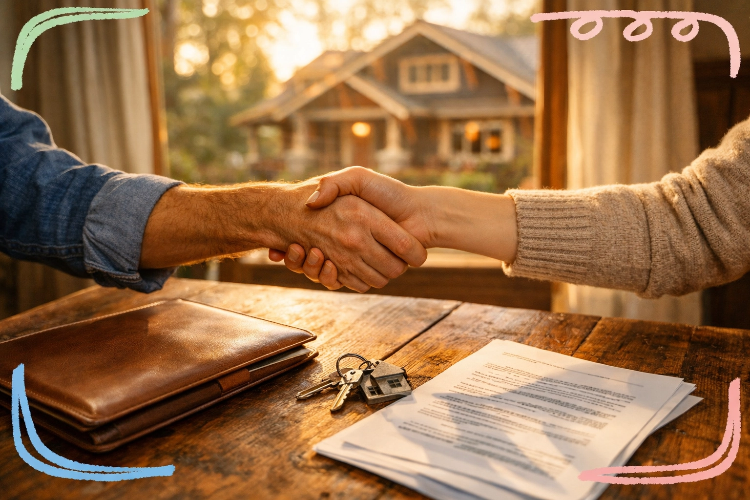 Real estate agent shaking hands with home seller over keys and documents