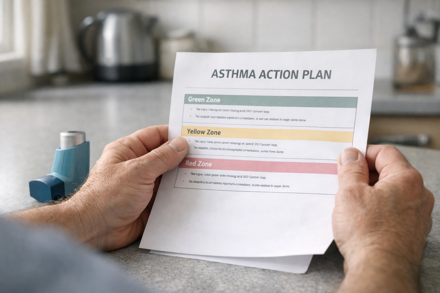 Patient's hands holding asthma self-management action plan with inhaler on kitchen table
