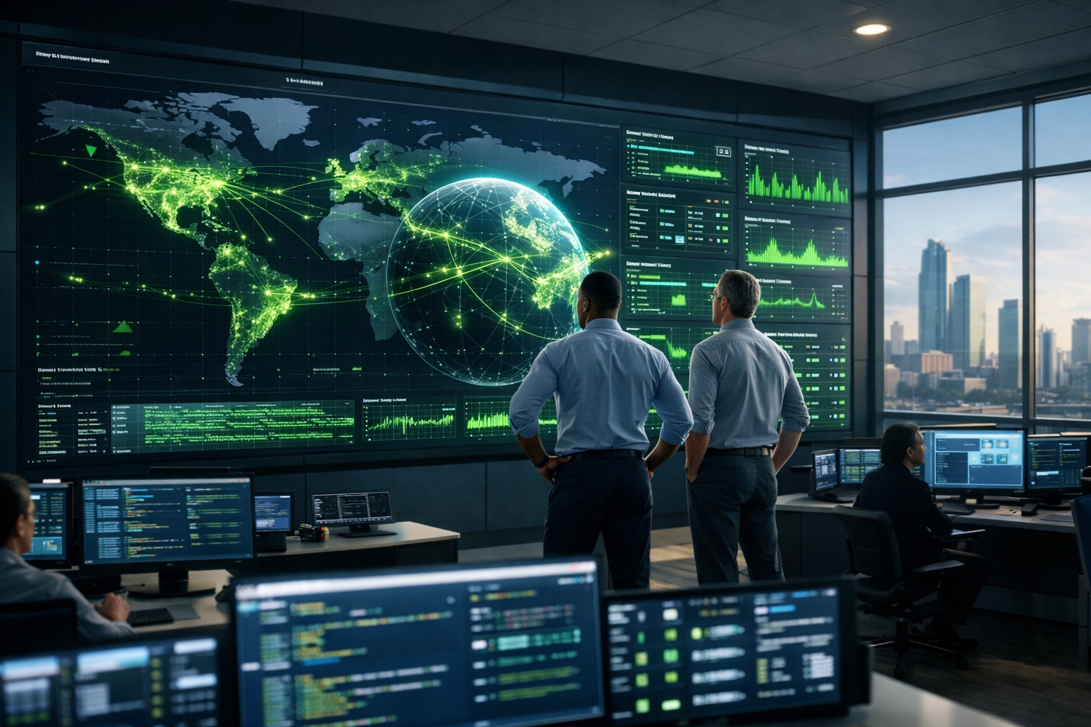 IT professionals monitoring ServiceNow ITOM data and ITAM dashboards in a modern command center.