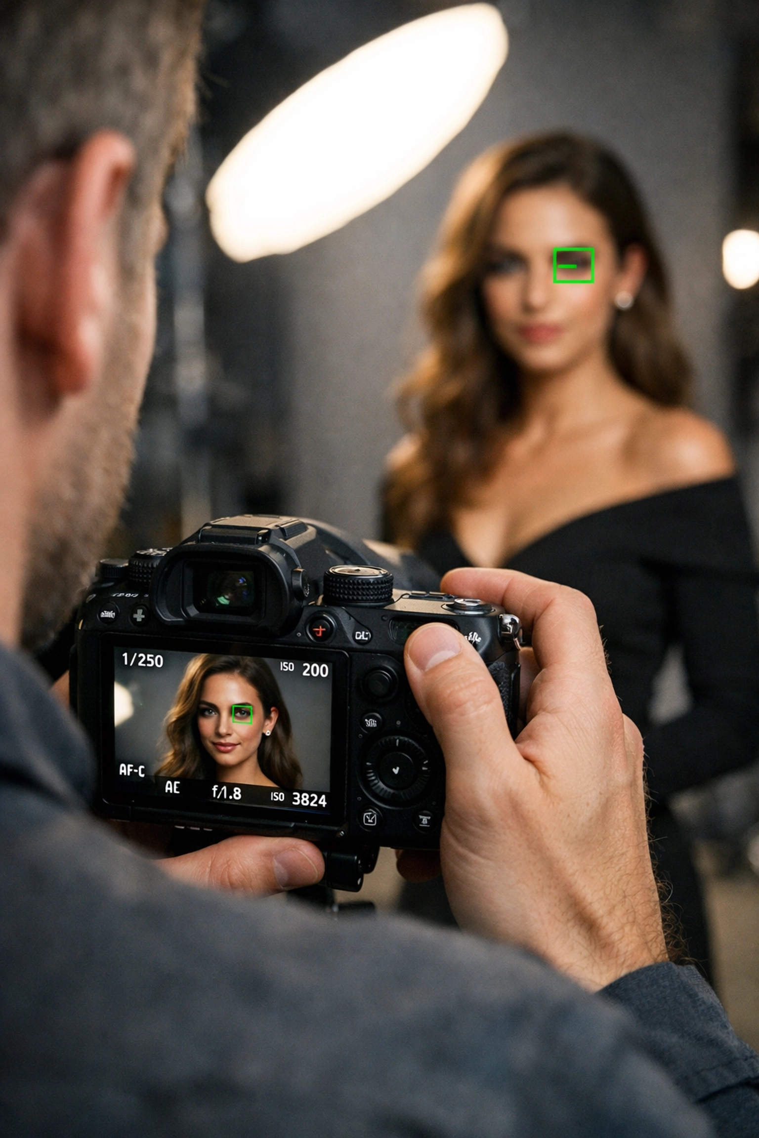 Studio session using portrait photography techniques with the eye-tracking feature of the best mirrorless cameras.