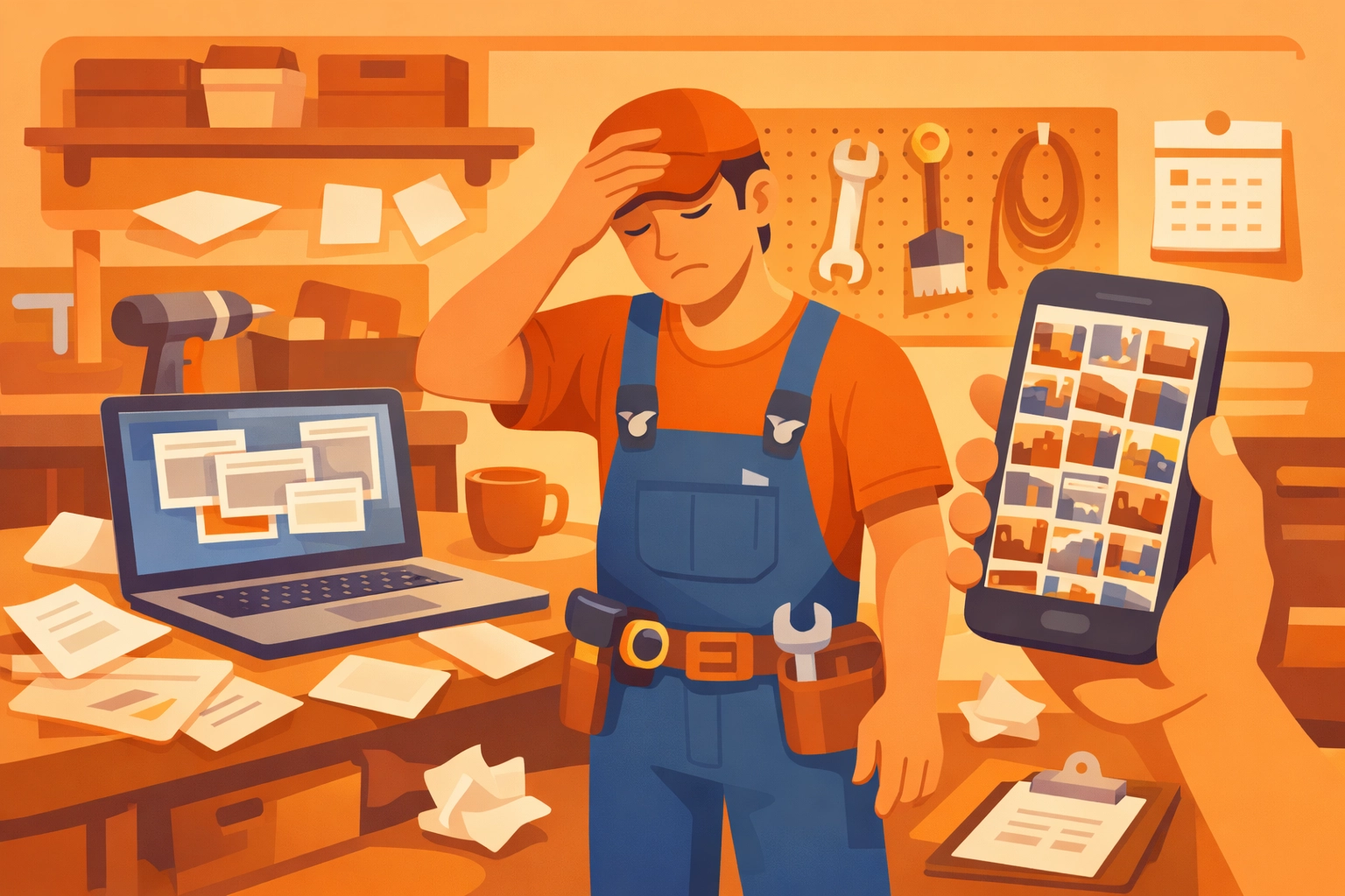 Frustrated contractor overwhelmed by disorganized job photos and complex software