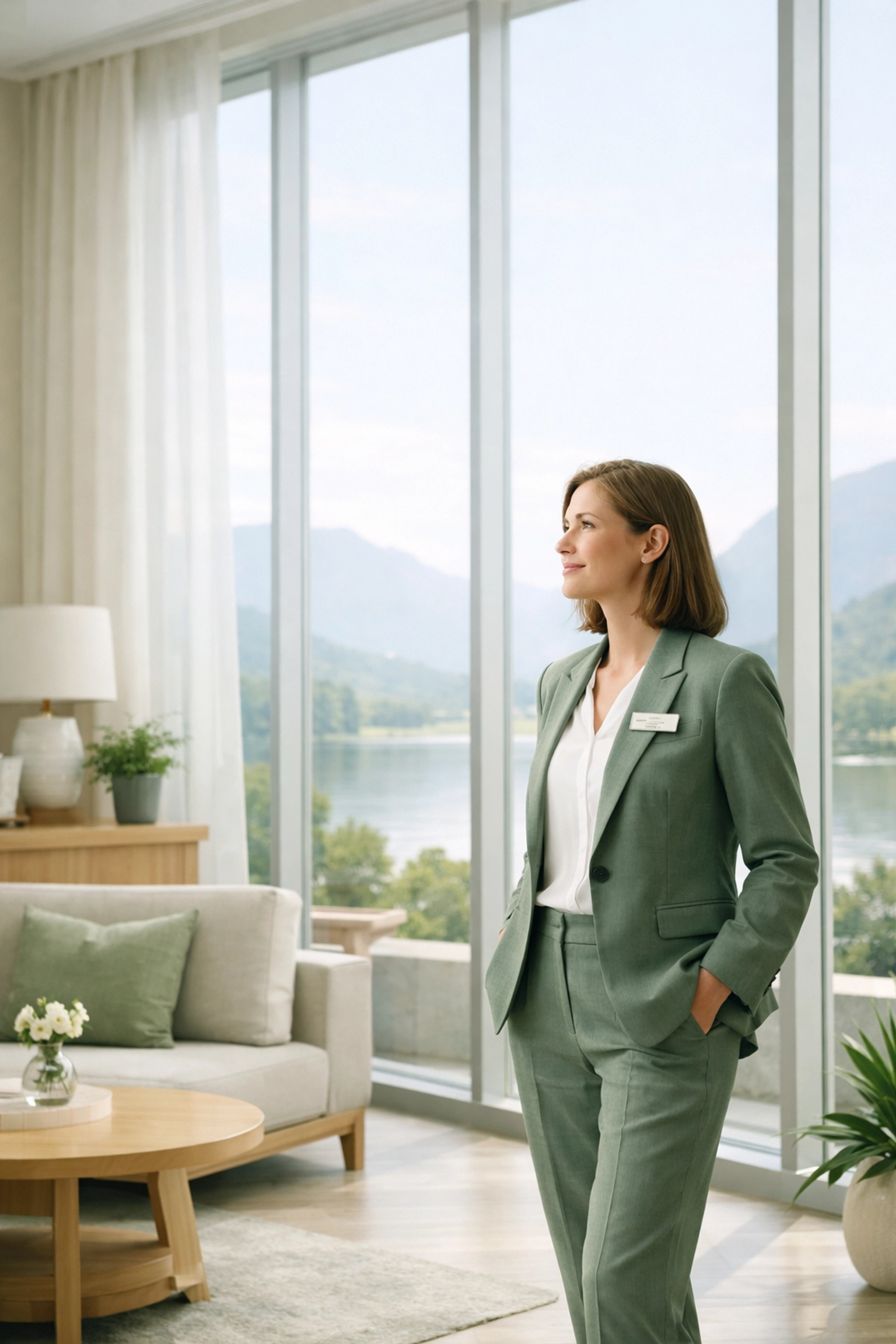 A confident hotel manager in a light-filled lobby, reflecting operational efficiency.