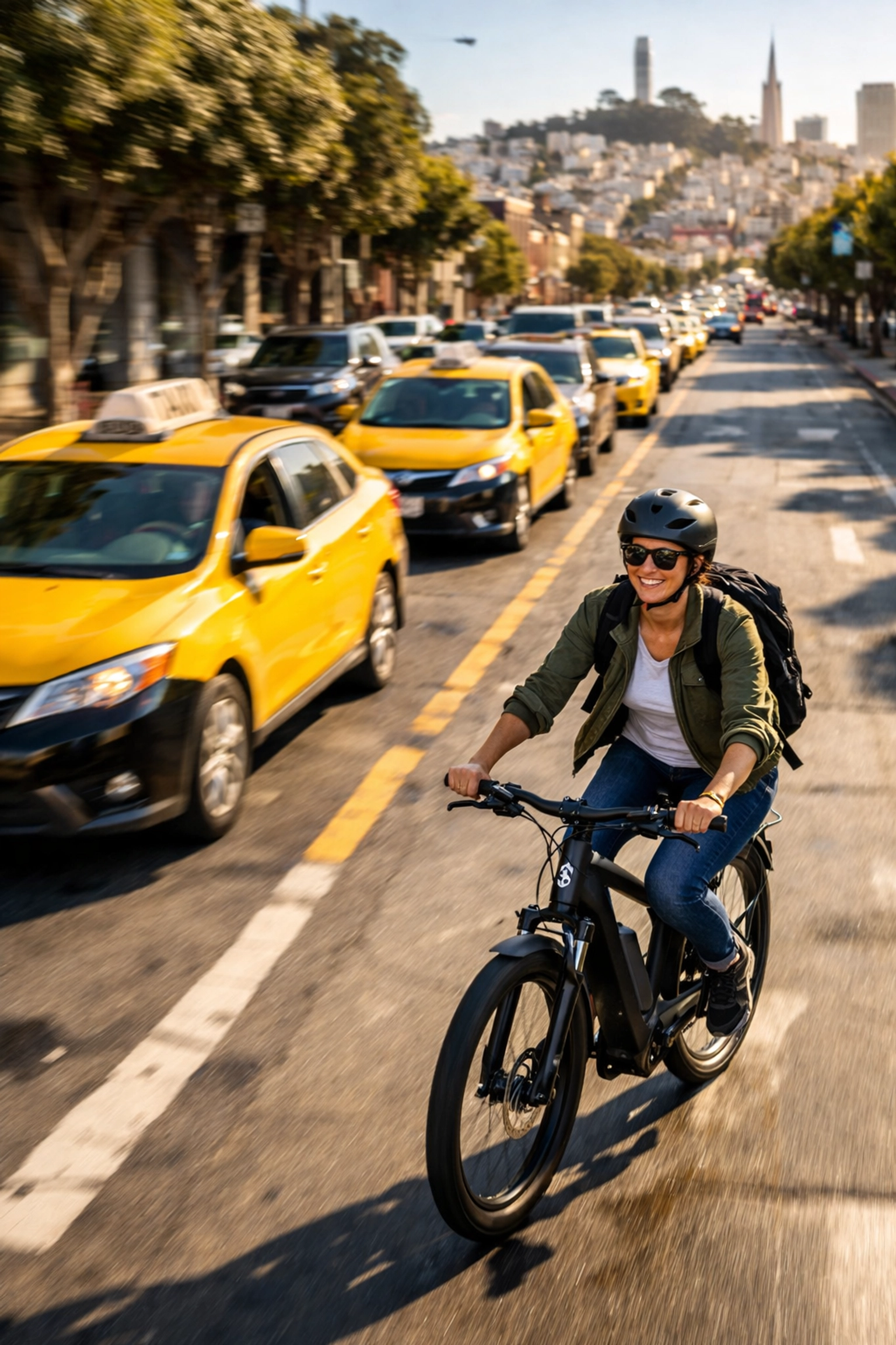 A person on a san francisco e-bike rental easily passing a long line of cars stuck in heavy traffic.