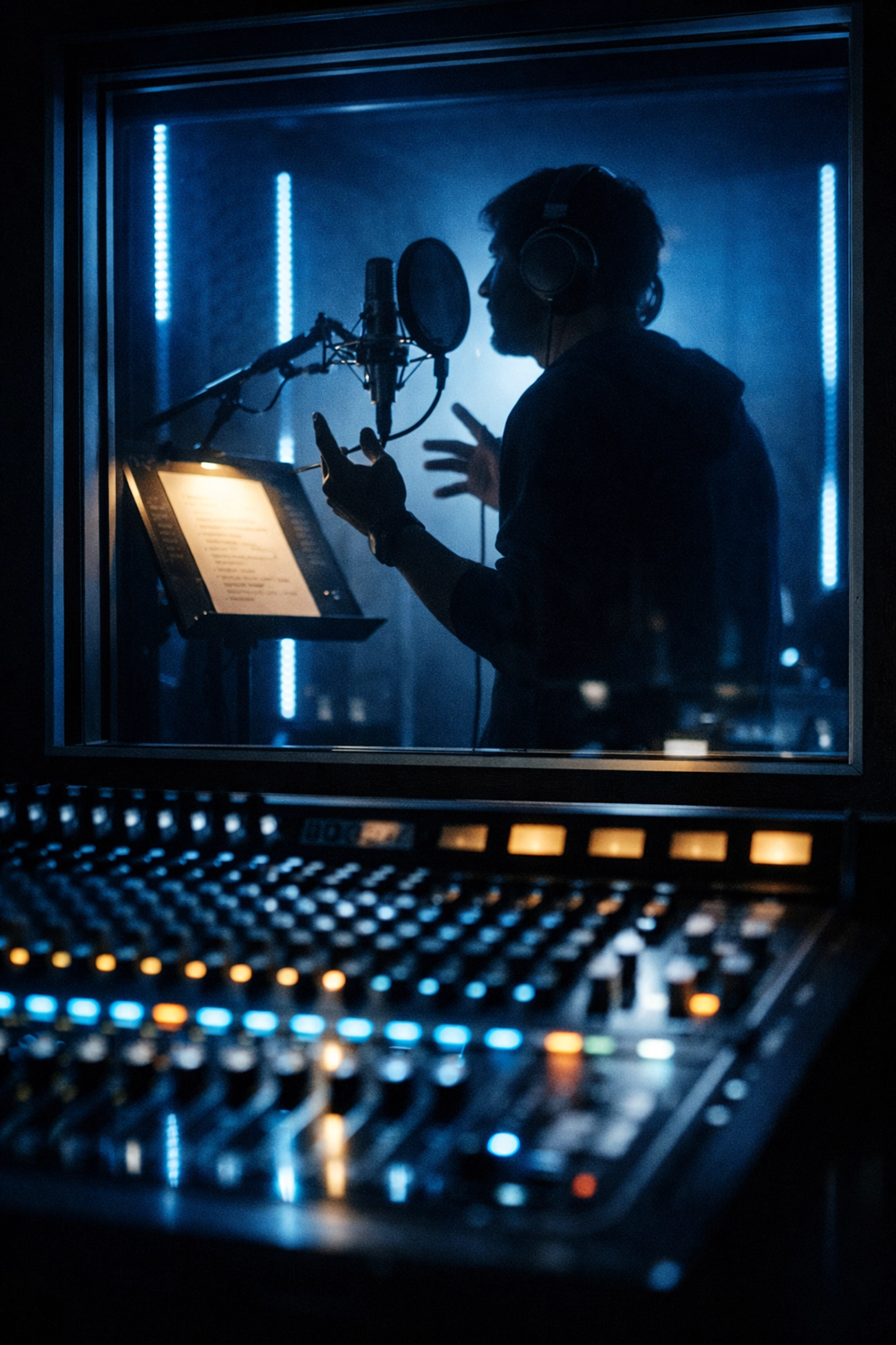 Artist recording vocals in studio booth with mixing console