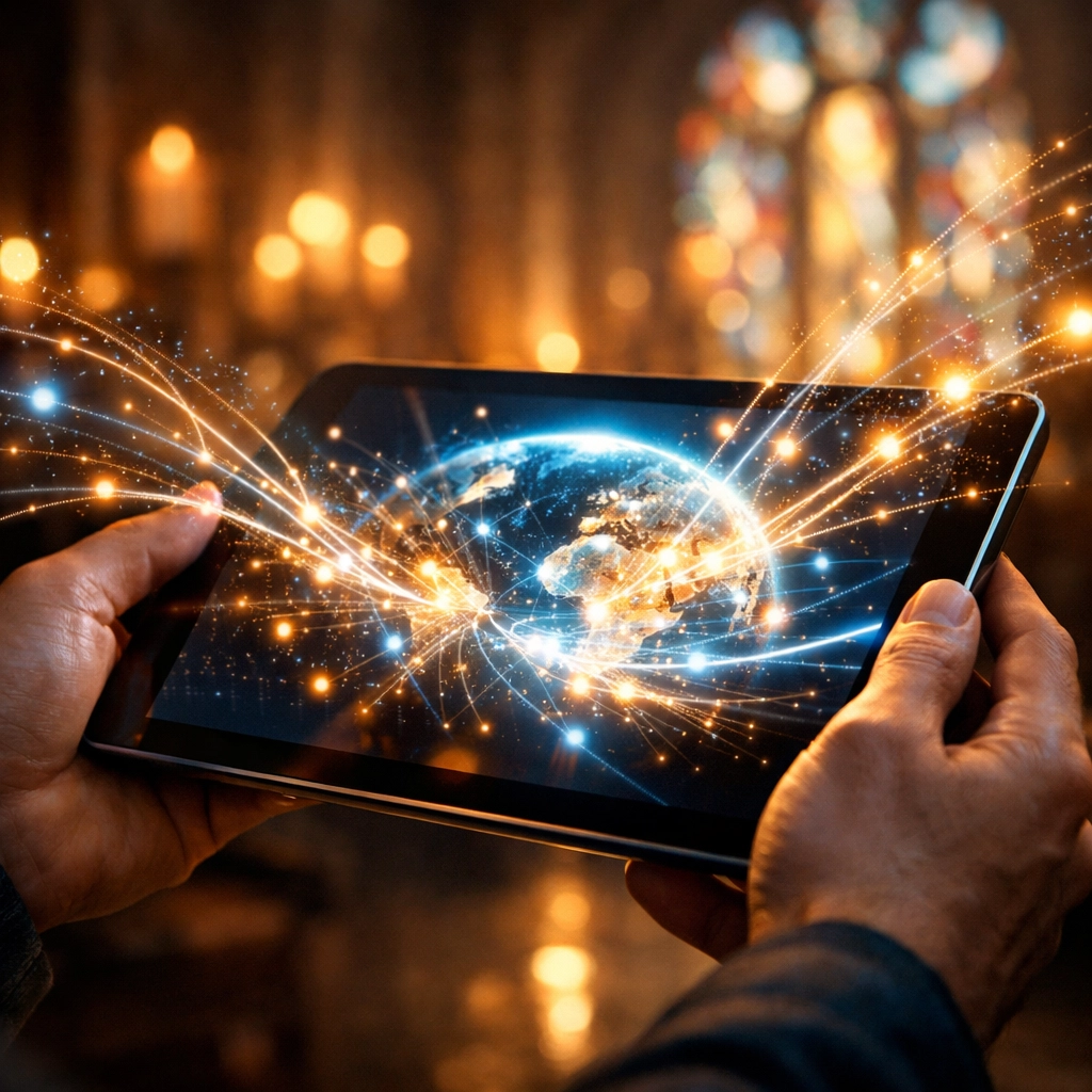 Hands holding tablet showing digital connections symbolizing online church ministry reaching hearts globally