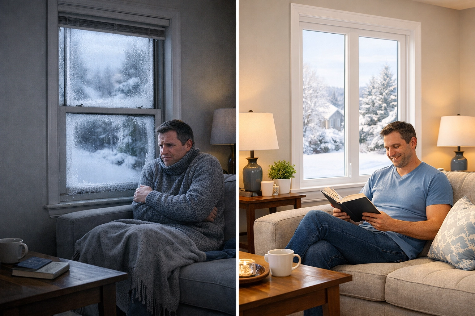 Before and after: Berks County home with drafty old windows versus new energy-efficient windows in winter