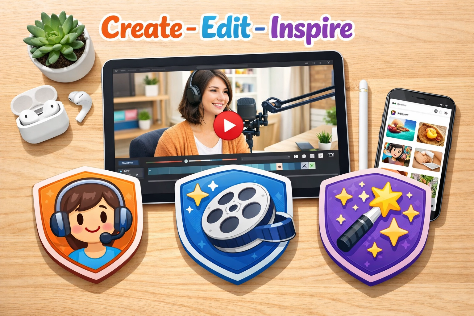 Creative workspace with tablet and smartphone showcasing AI video creation tools for SMEs