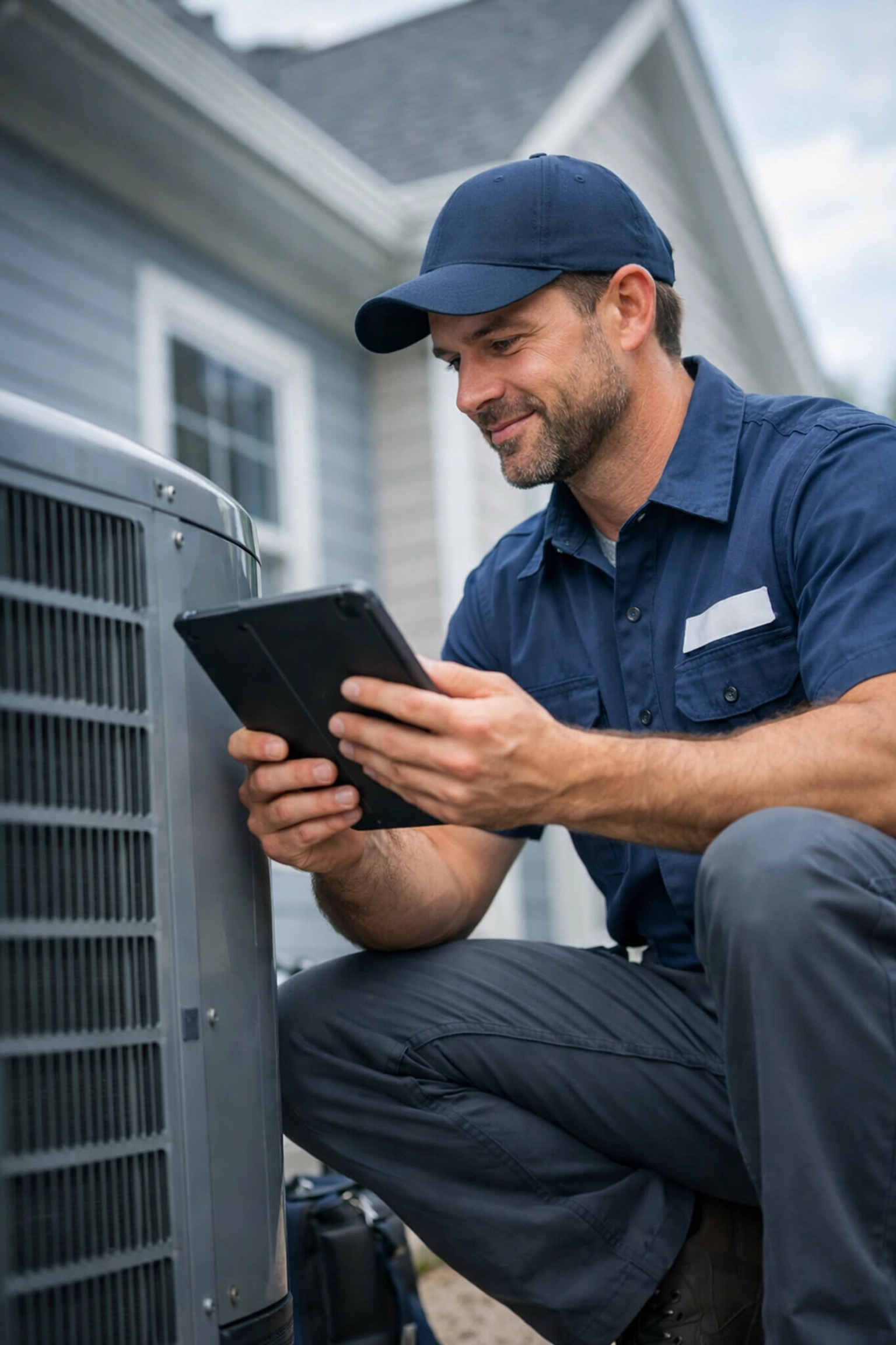 HVAC technician using tablet to diagnose residential AC unit during service call