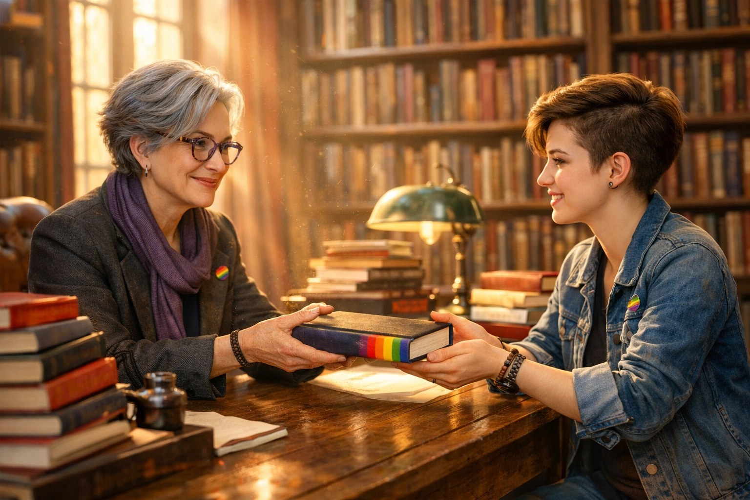 LGBTQ+ professor mentoring a student in a library to shape the future of queer education and leadership.