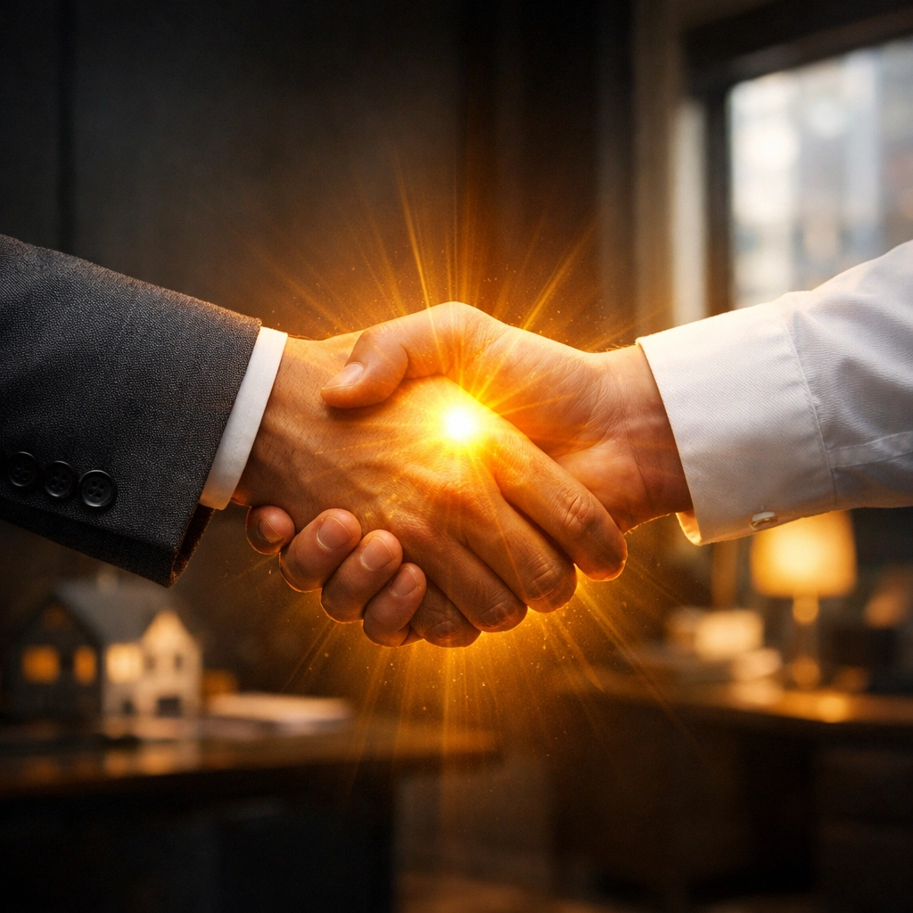 A professional handshake representing a human-centered real estate appointment setting service.