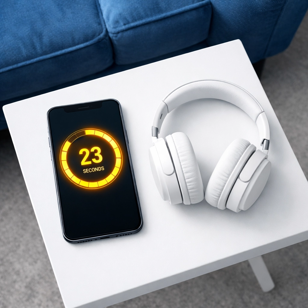 Smartphone with a countdown timer and headphones for a timed 15-minute house tidying session.