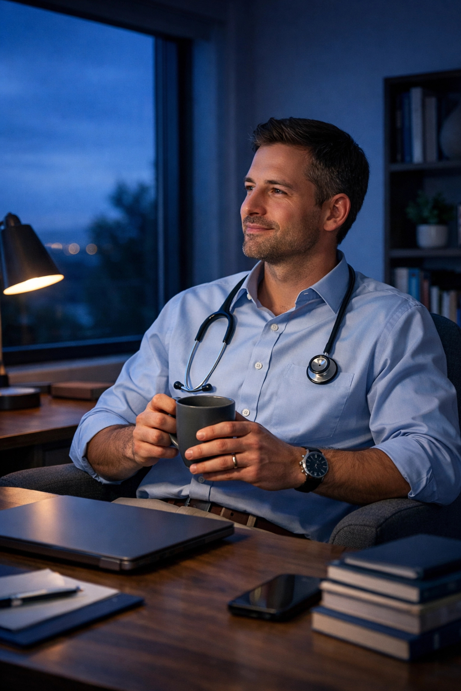 Physician relaxing at home after using medical dictation software to eliminate documentation debt and pajama time.