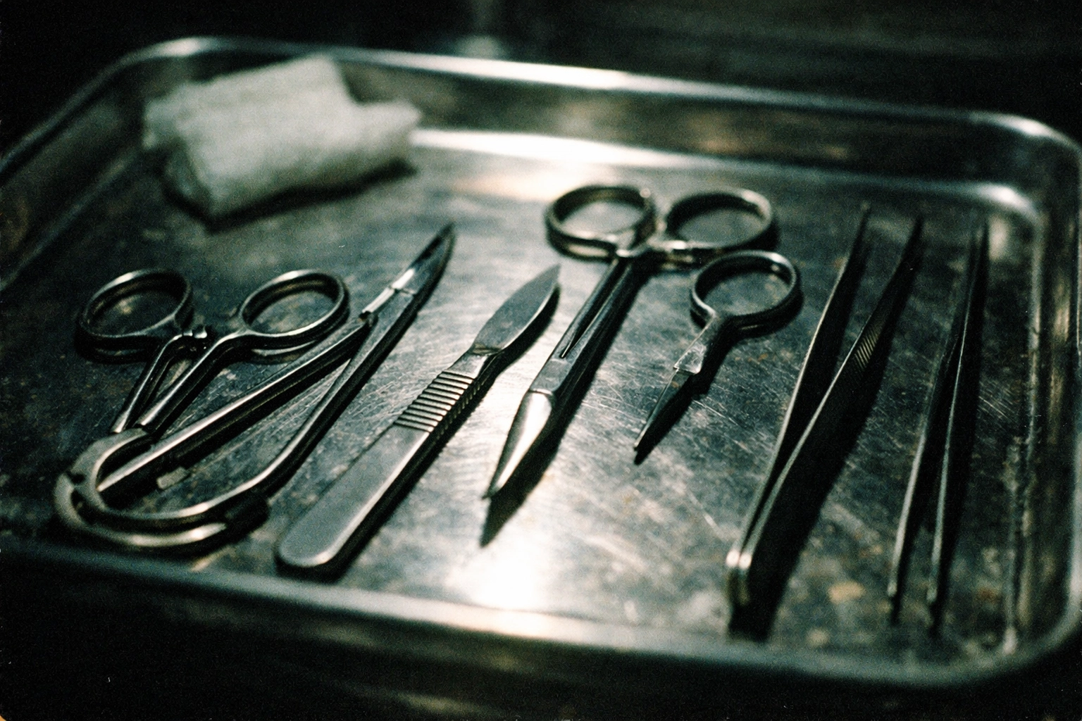 Surgical tools on a stainless tray under harsh overhead light—clean, sharp, and a little intimidating.