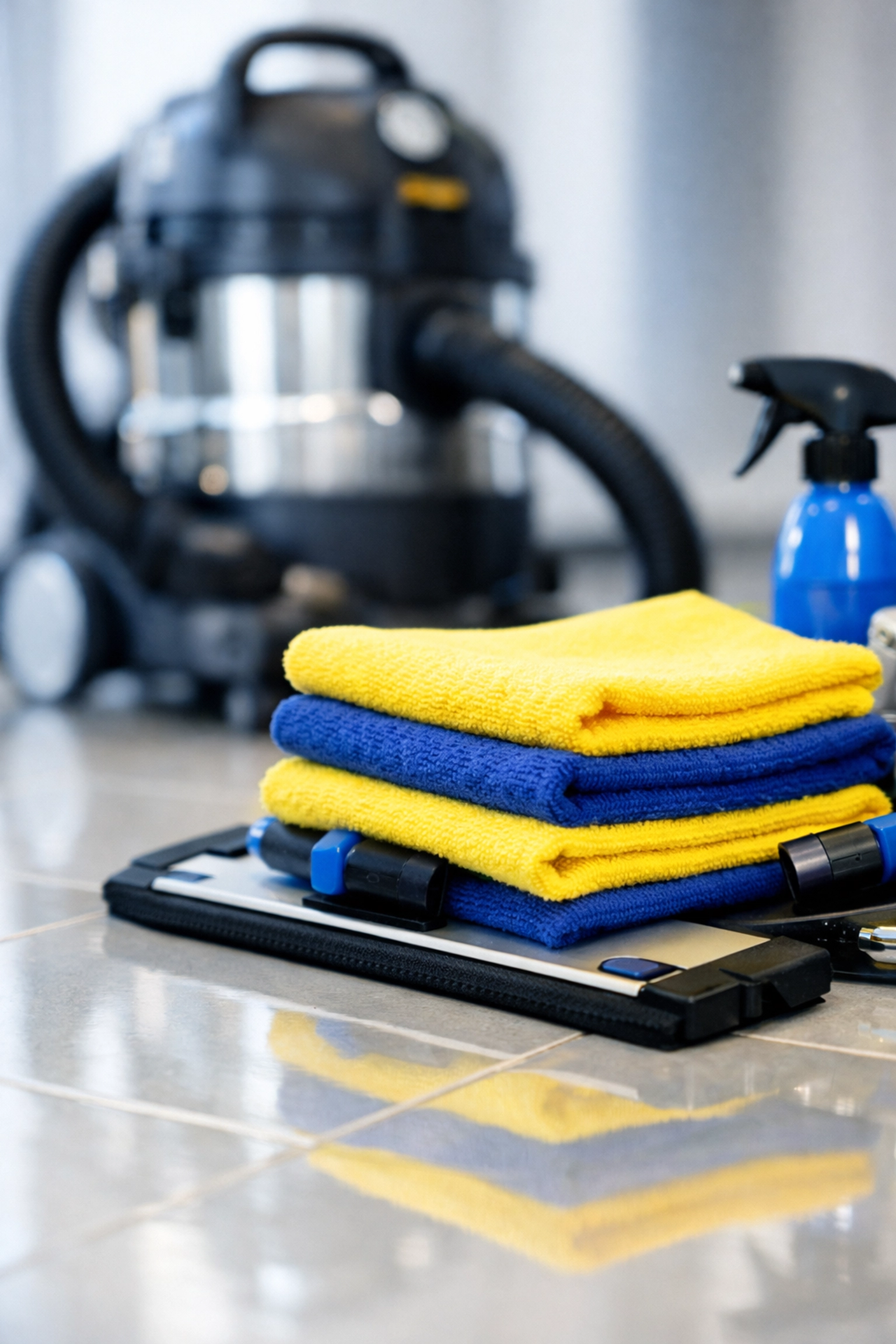 Professional cleaning tools on polished floors highlighting expert commercial cleaning in the MetroWest region.