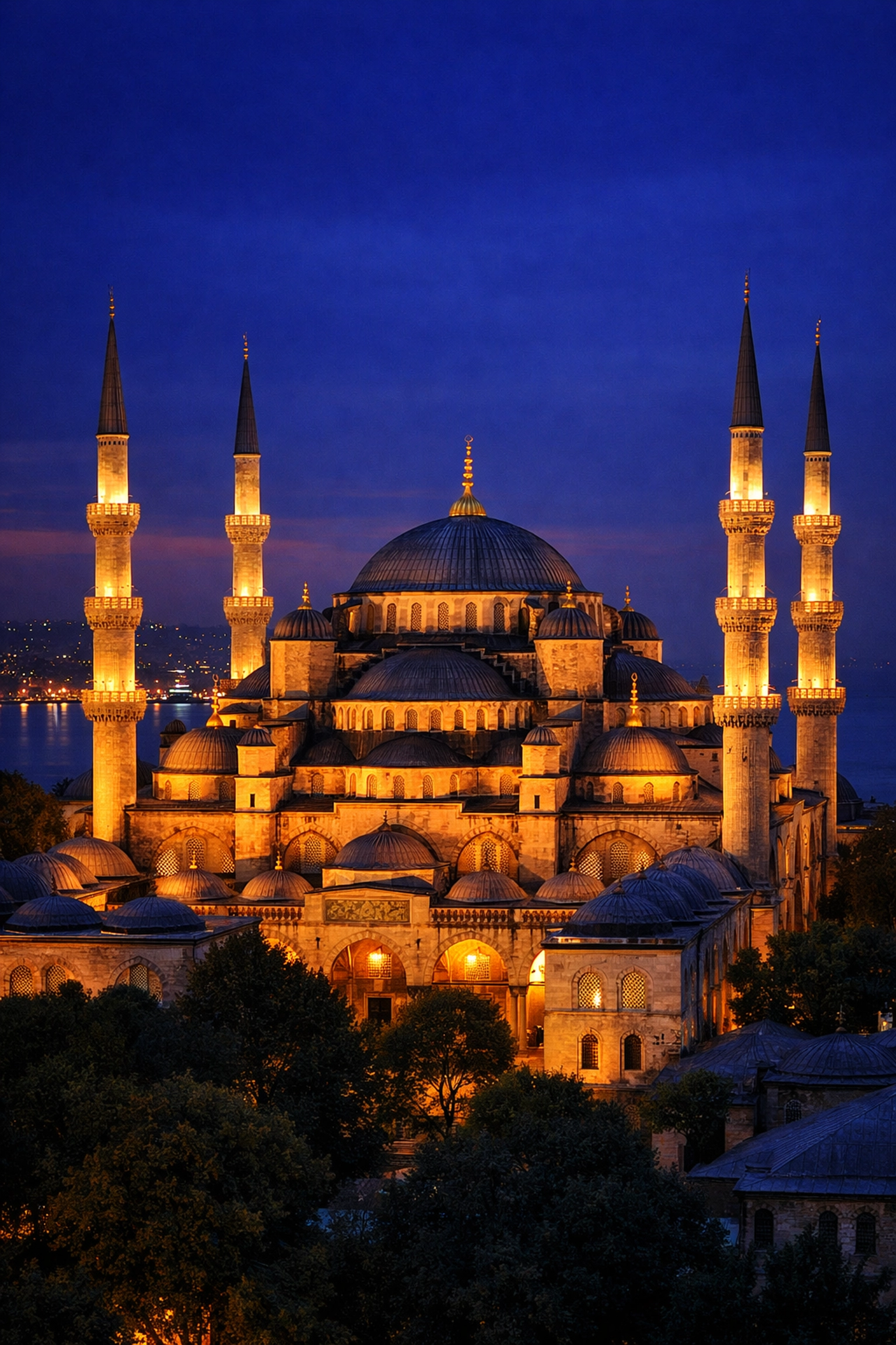 Golden lights illuminate the Blue Mosque in Istanbul at dusk, a top iconic location for travel photographers.