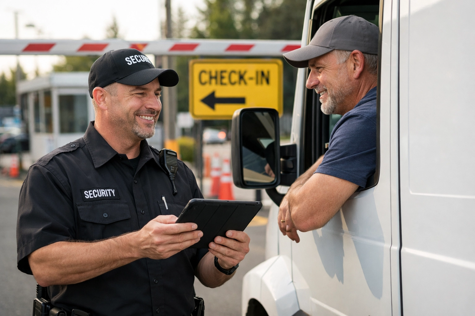 A security guard uses a tablet to check in a delivery truck driver at a professional construction site gate.