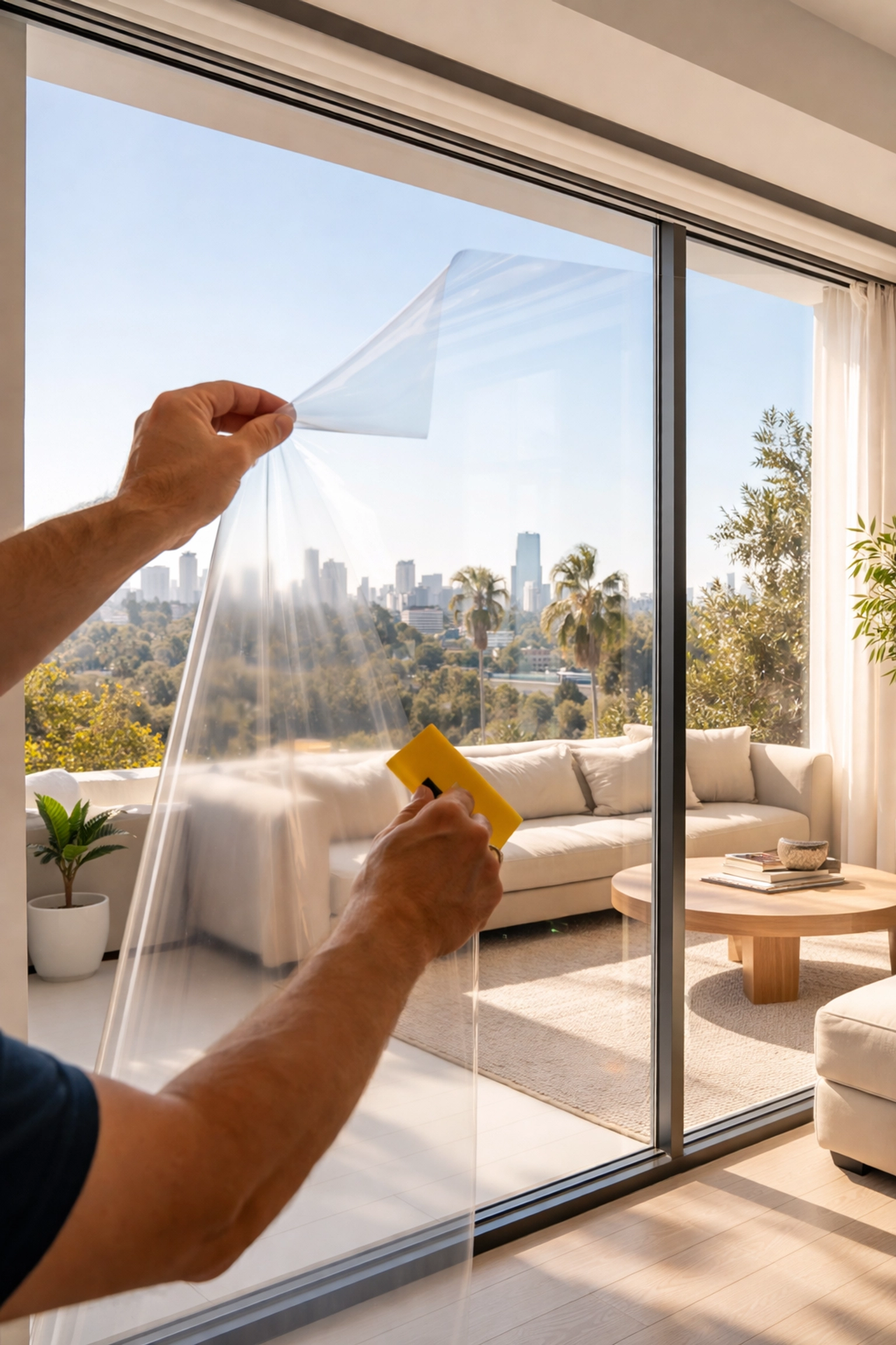 Technician installing smart film on a large living room window in Los Angeles, demonstrating affordable privacy retrofit.