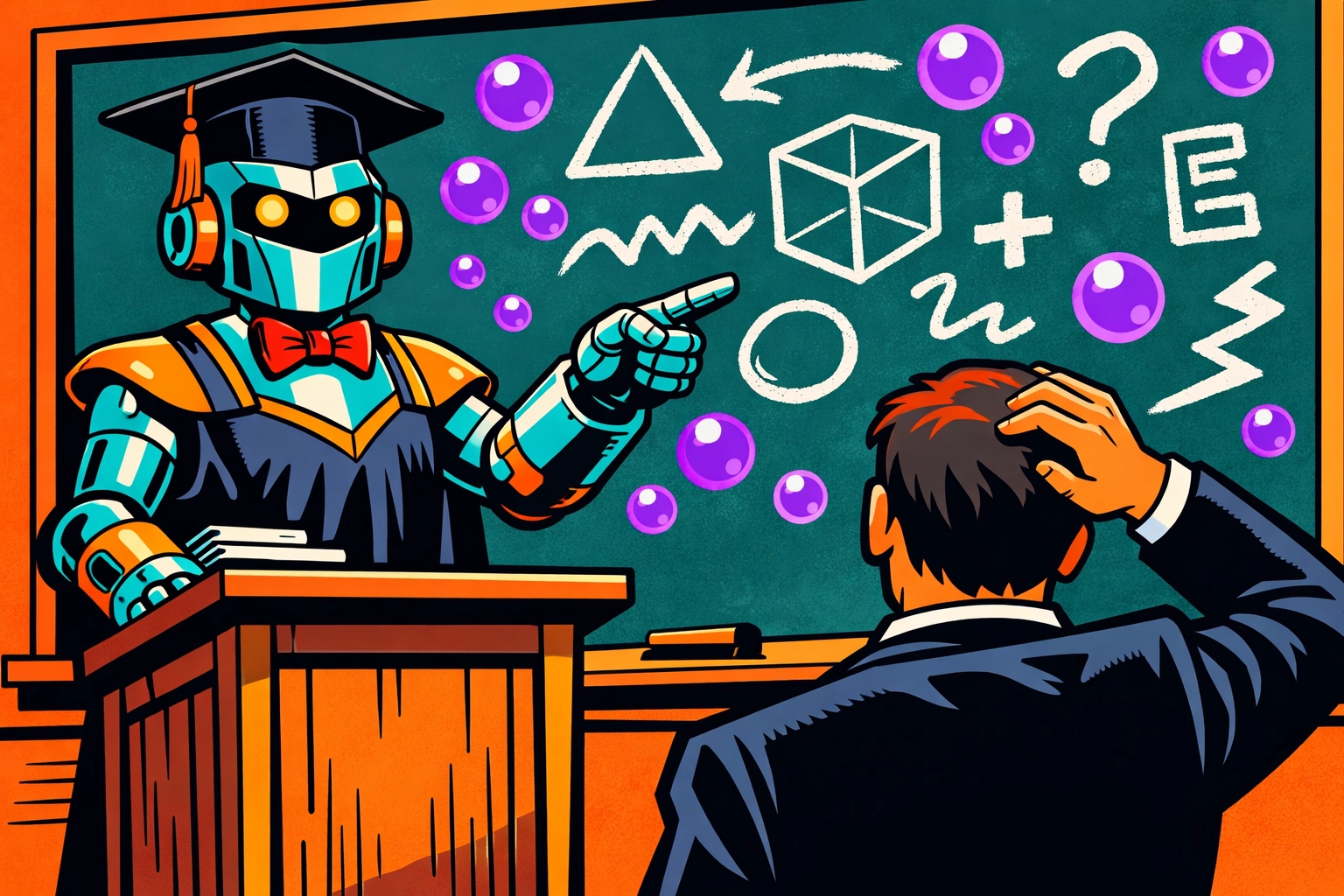 Confused business owner watching a robot present false data, highlighting why to verify AI automation tools.