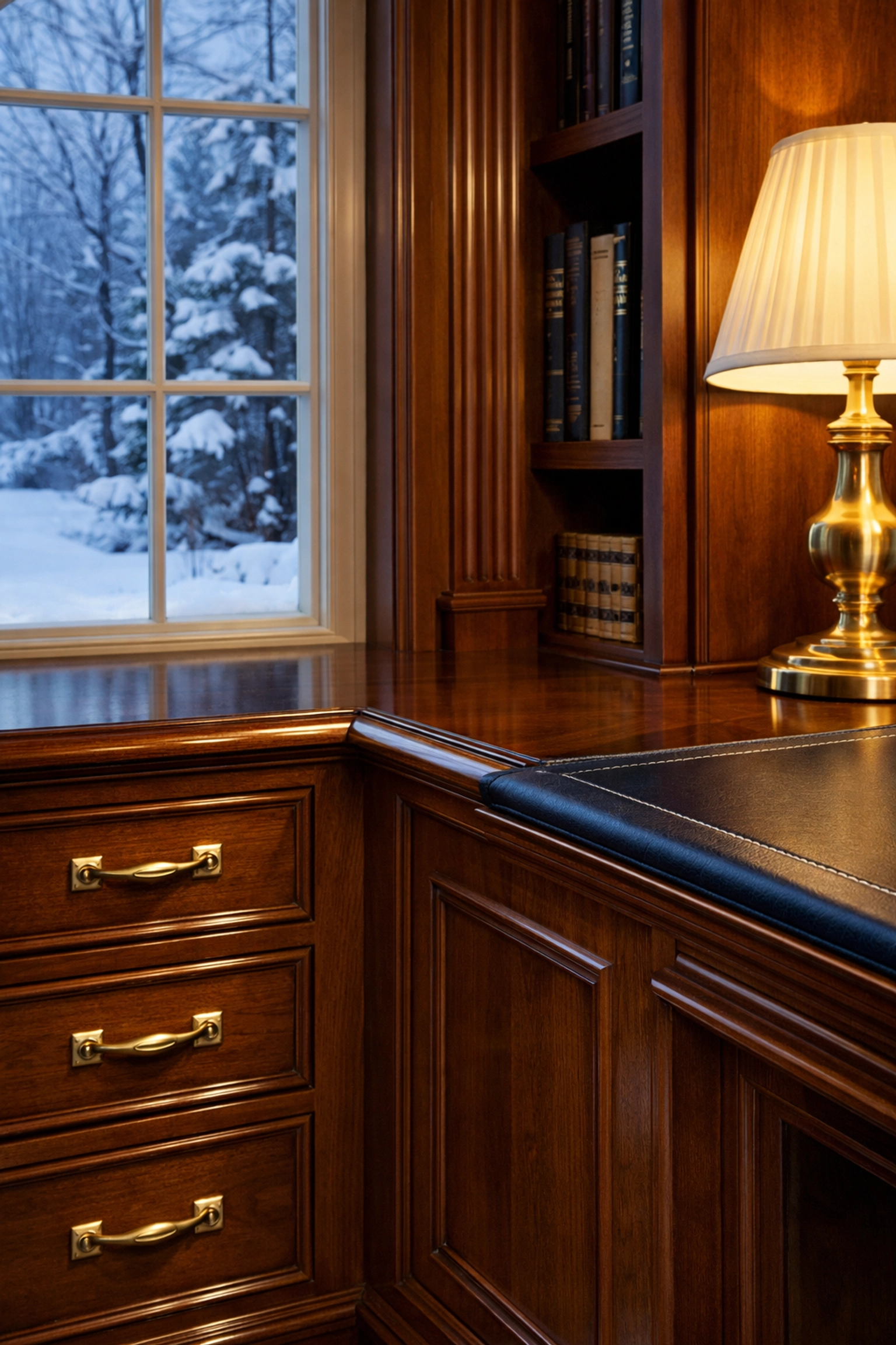Detail-cleaned wooden cabinetry in a luxury home library during a Lunenburg winter deep clean.