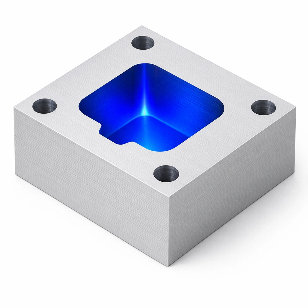 Close-up of a 3D printed mold cavity block for rapid tooling applications. Close-up of a 3D printed mold cavity block for rapid tooling applications.