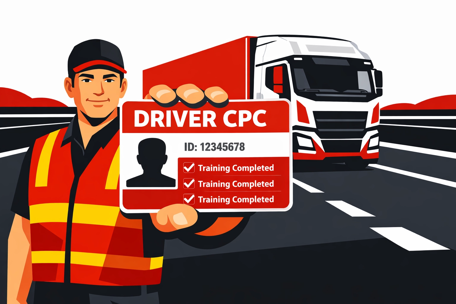 Professional HGV driver holding Driver CPC certification card beside articulated lorry