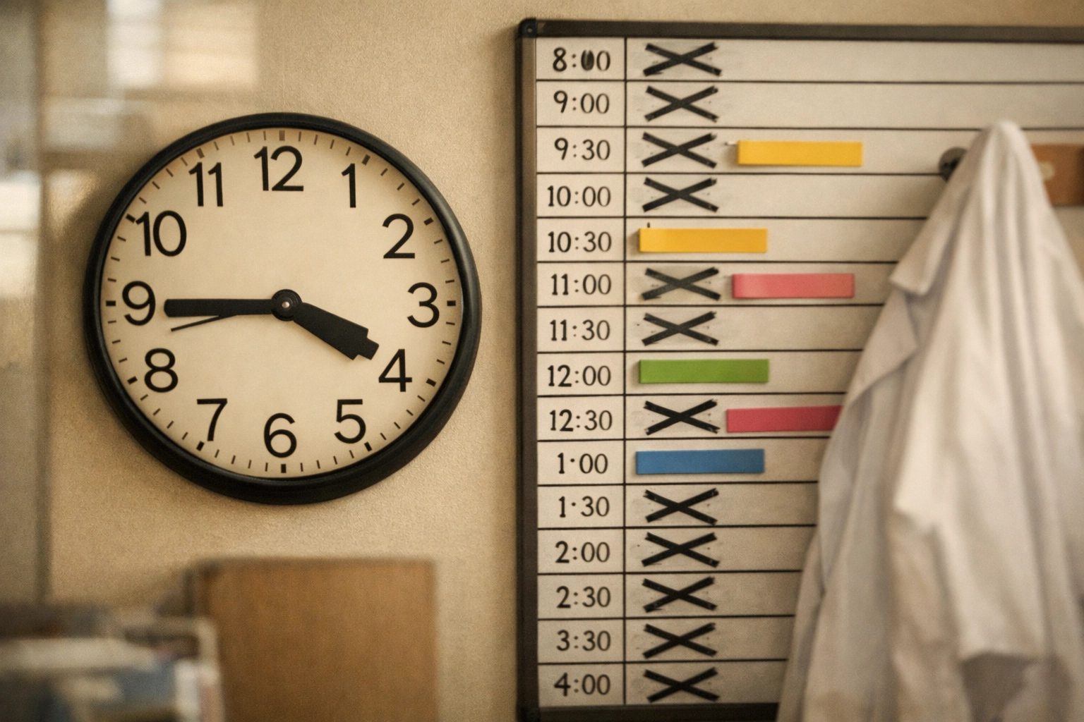 <strong>Monday: The Time Trap: Why Healthcare Practice Owners Can't Find Hours in Their Day</strong> Medical office clock and appointment schedule showing time management challenges for practices