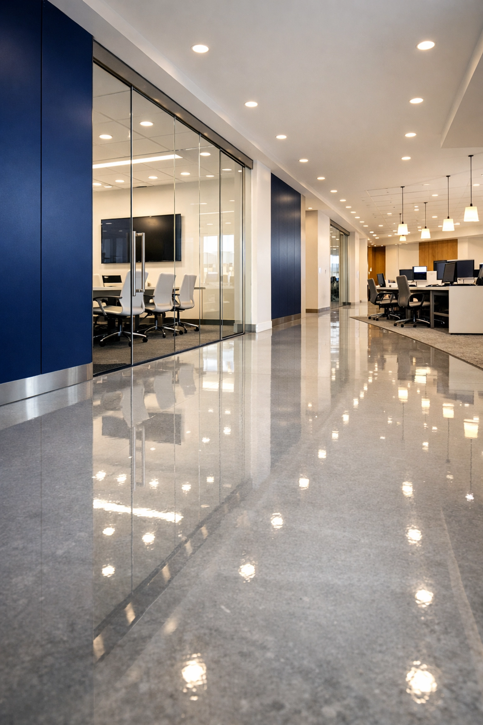Polished corporate hallway and shiny floors after a professional office cleaning in Northborough.