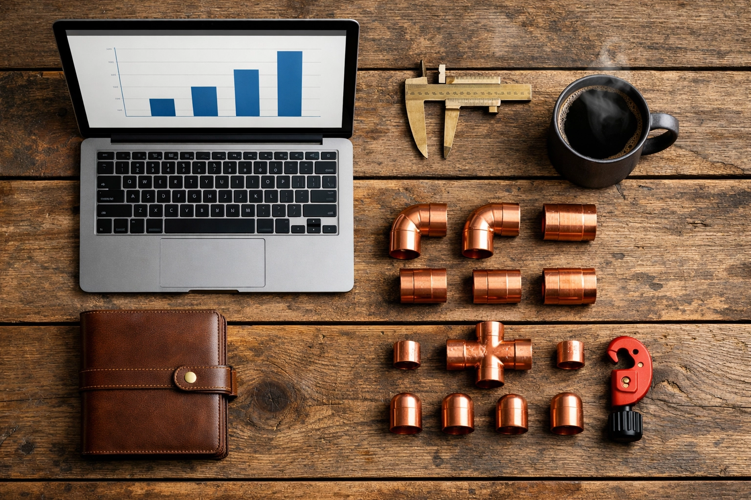 Neat craftsman workspace showing organized financial reports and tools after a QuickBooks cleanup.