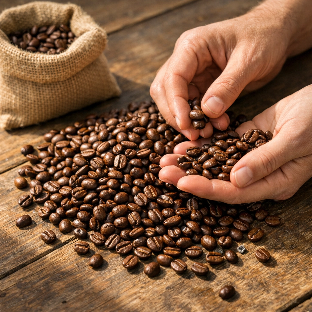 Hands sorting high-quality wholesale specialty coffee beans on a wooden table to ensure roast consistency.