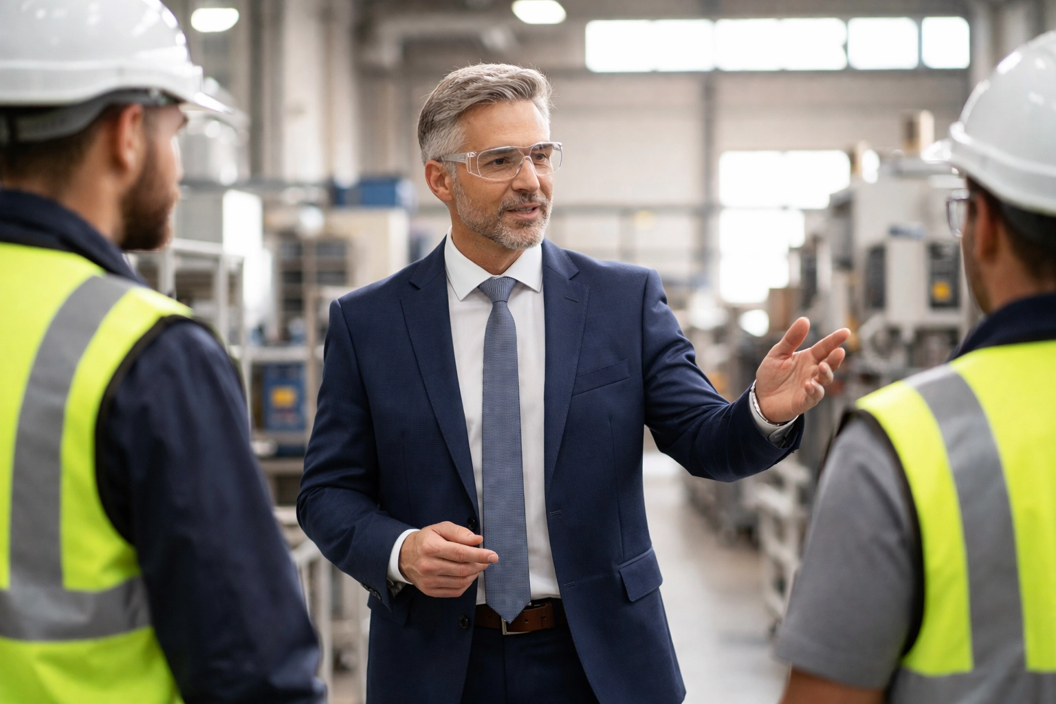 Business executive and frontline staff participate in a safety walkthrough to support workplace safety culture.