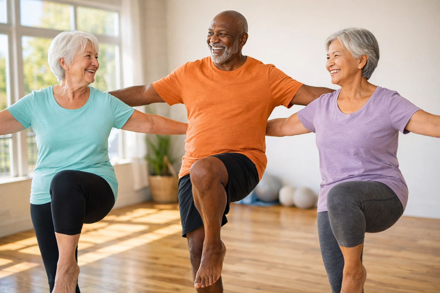 Group of seniors practicing balance exercises together in community fall prevention class
