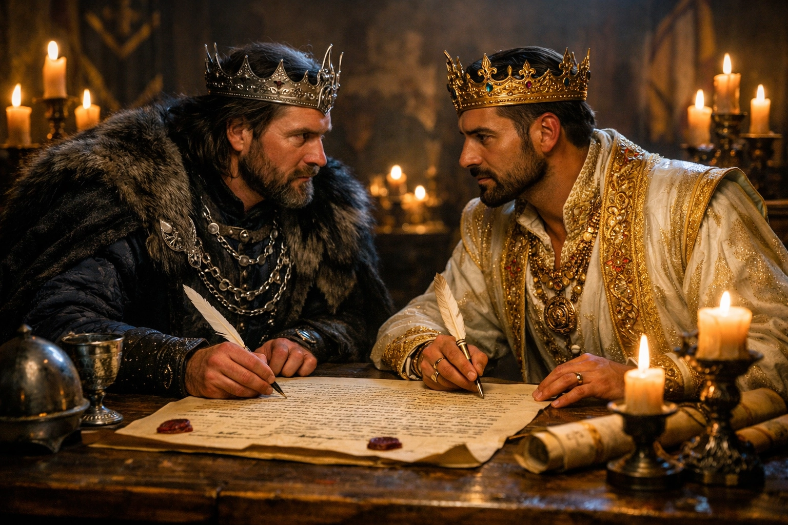 Two kings staring intensely while signing a treaty in a slow burn historical mm romance.