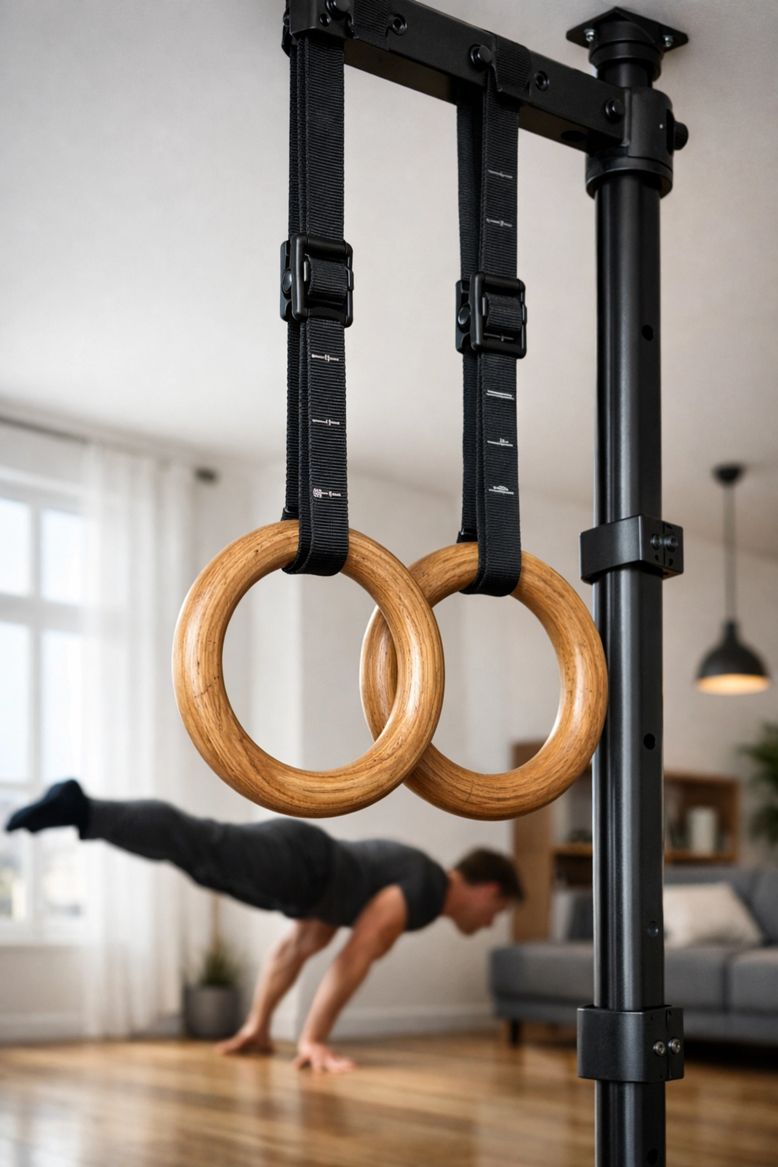 Gymnastic rings mounted on a versatile home gym rail for calisthenics and bodyweight training.