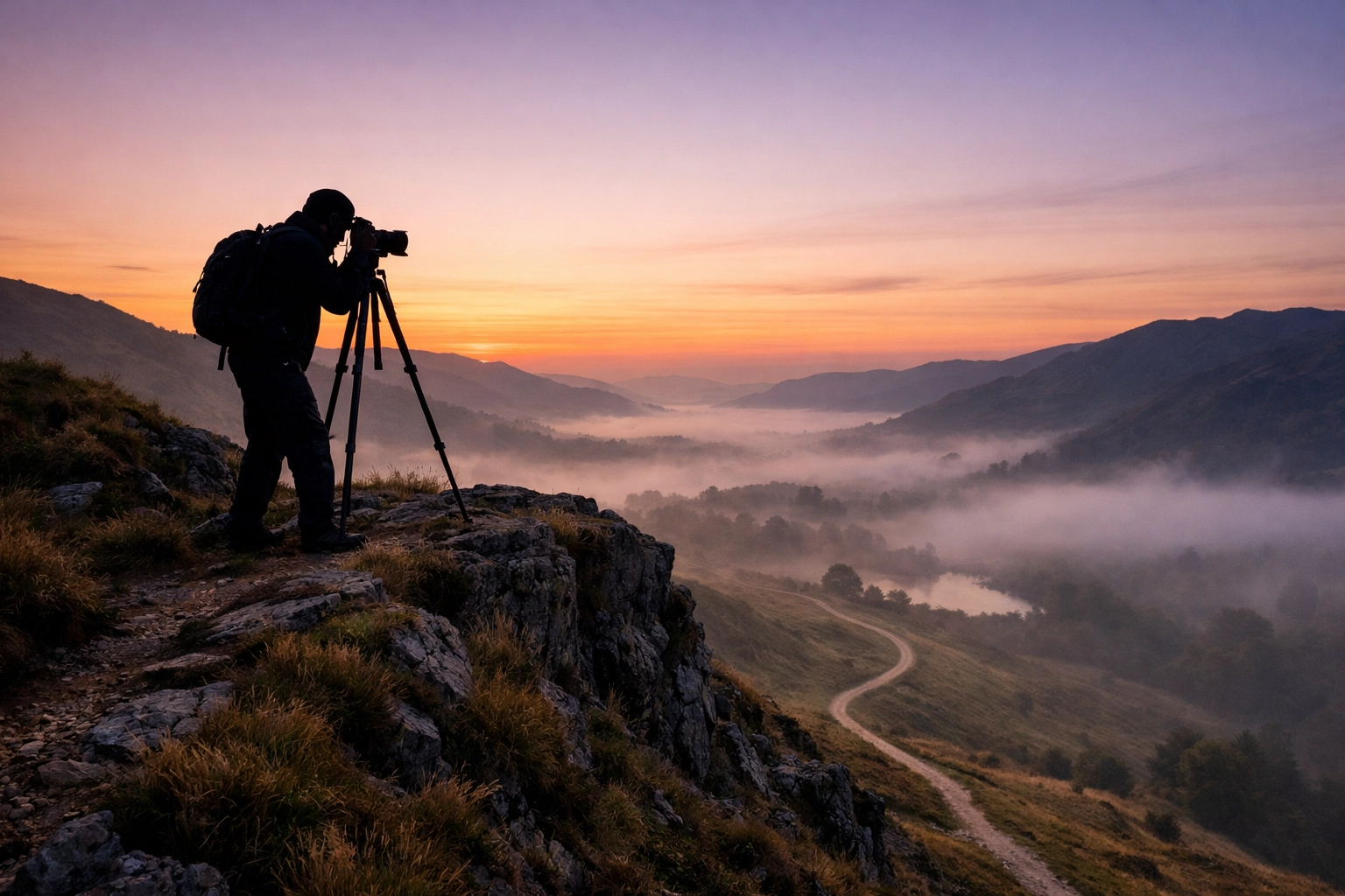 Photographer scouting a misty cliffside at dawn for the perfect photography location.
