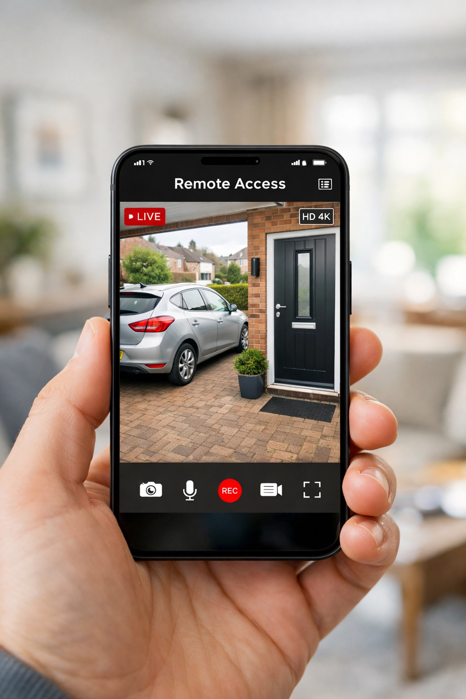 Viewing a live 4K security camera feed of a Basingstoke driveway on a smartphone app.