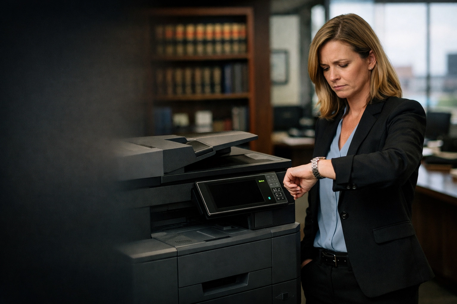 Frustrated office manager in Omaha next to a broken printer, highlighting common business IT support needs.
