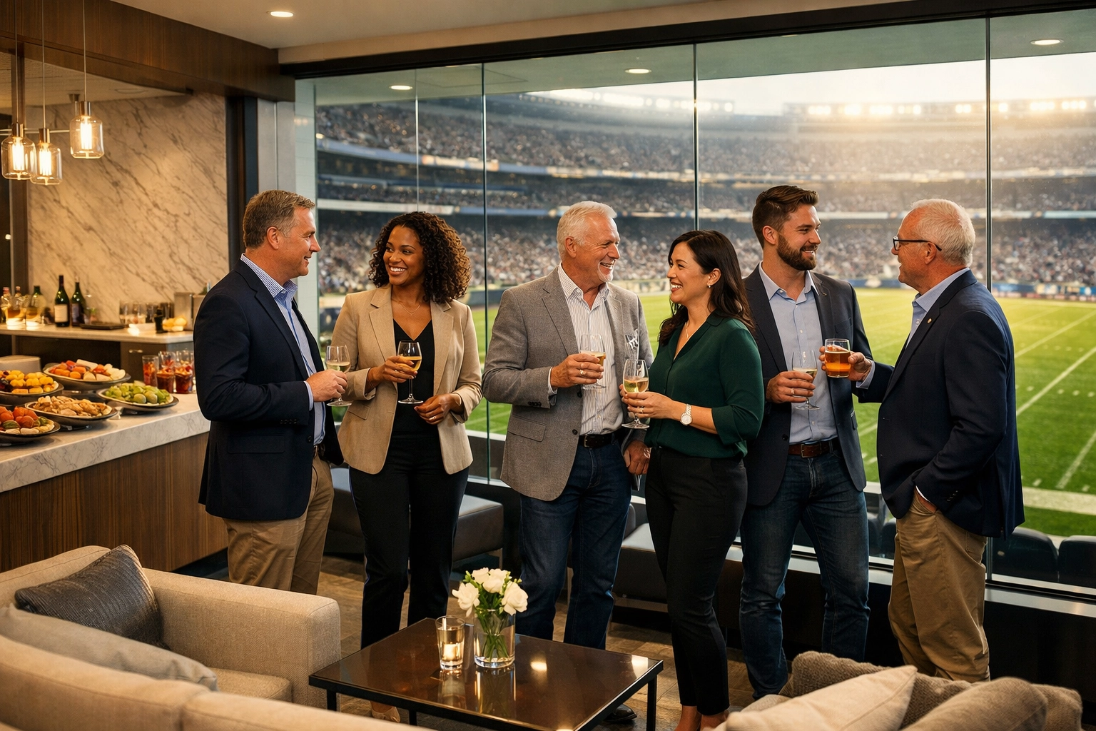 Corporate executives networking in a luxury private suite overlooking the field for Super Bowl hospitality.