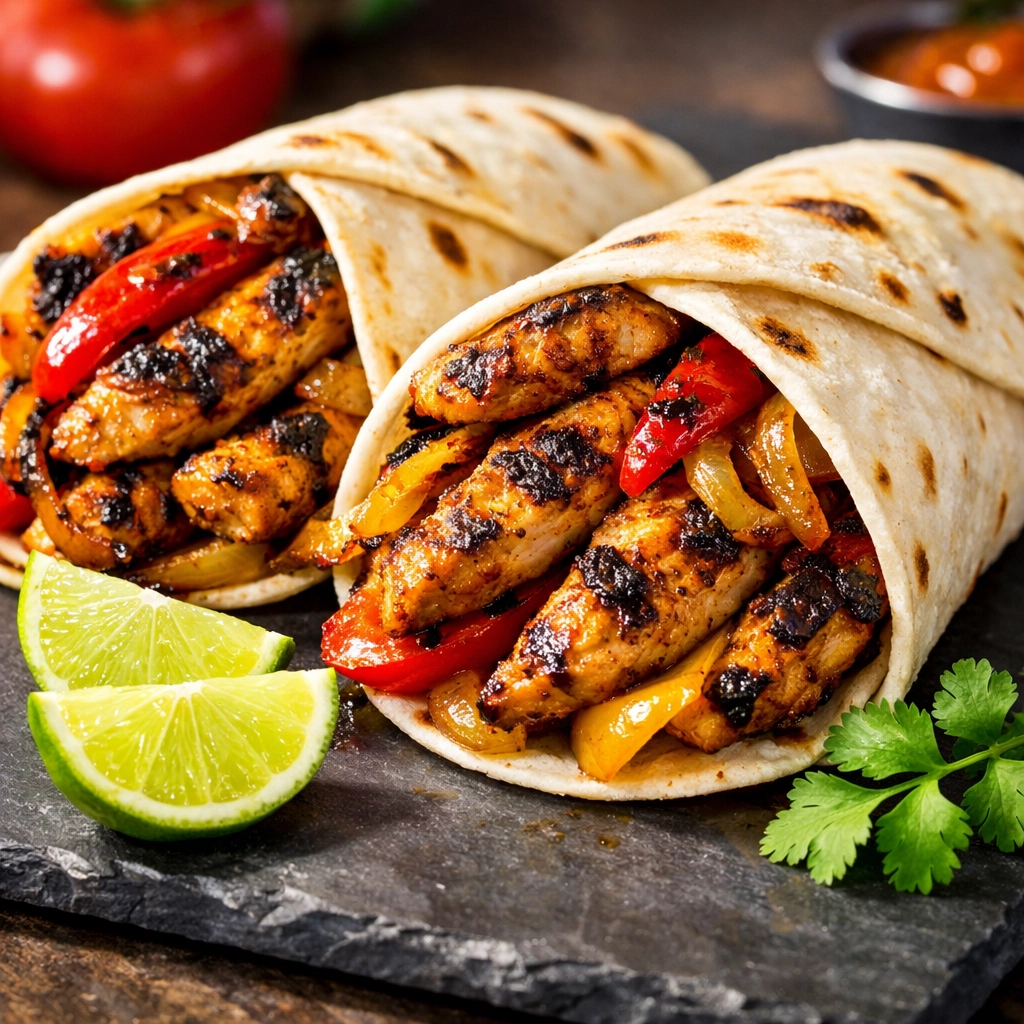 Seasoned air fryer chicken fajitas with peppers and onions in tortillas, a quick 5-ingredient weeknight meal.