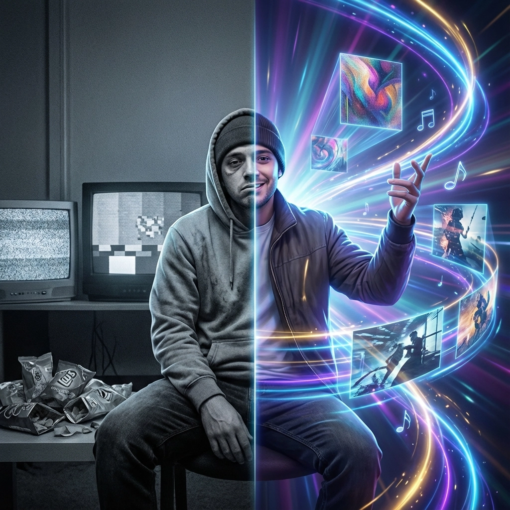 A man sits divided: left in a monochrome room with static TVs, snacks; right in vibrant colors, with floating images and music notes.