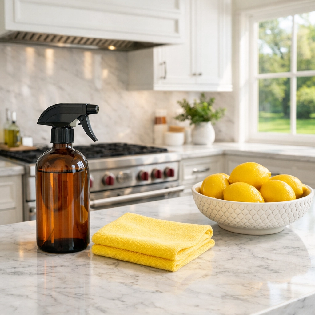 Eco-friendly cleaning products on a marble countertop in a luxury Westford house.